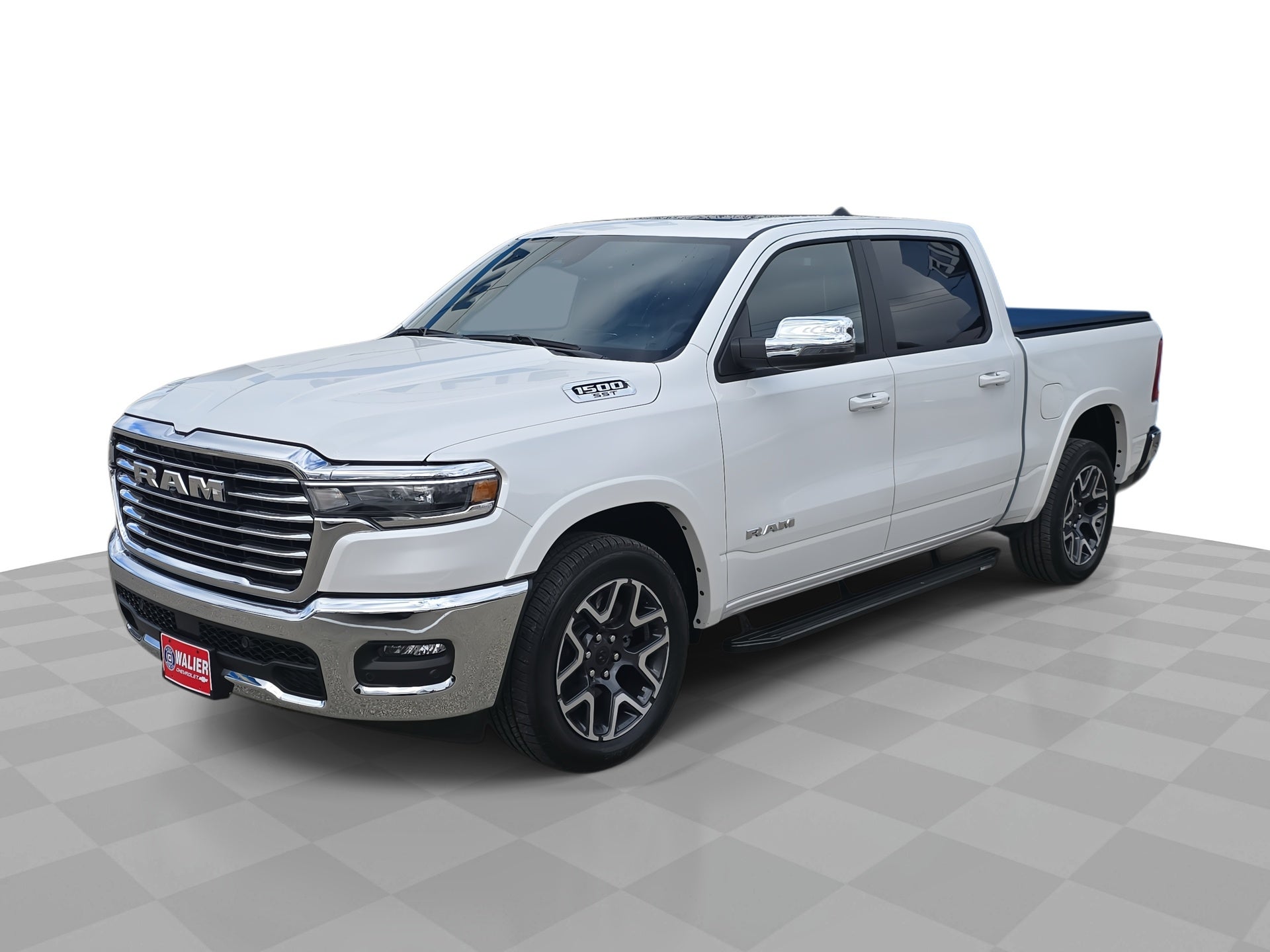 2025 RAM 1500 Laramie Crew Cab 4x4 5'7" Box in Off-White — front three-quarter view